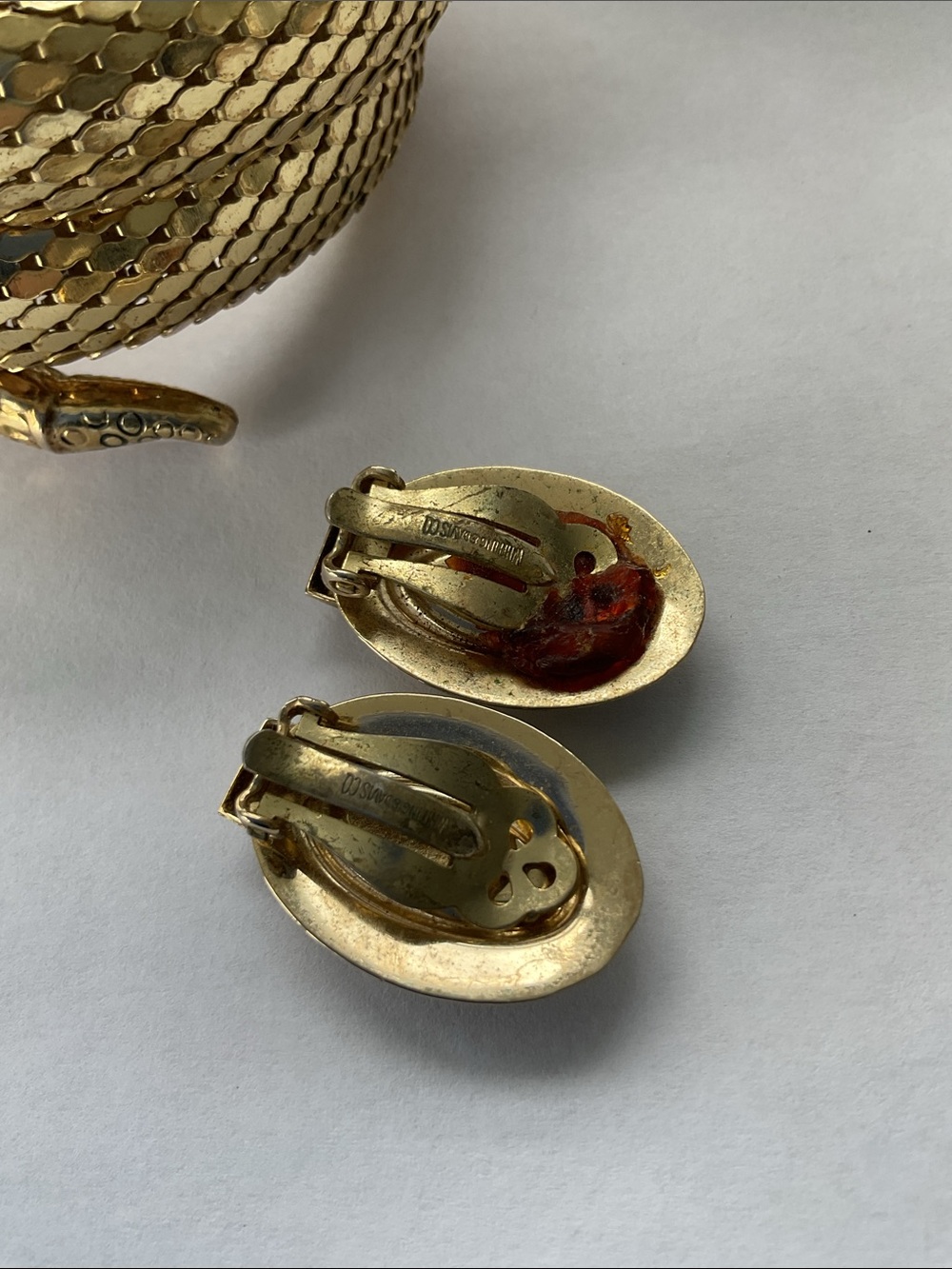 VTG Gold Mesh Snake Coil Whiting and Davis Bracelet & Clip Earrings Signed SET - Picture 6 of 9